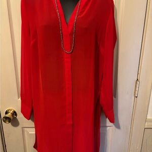 Vibrant Red Long Sleeve Sheer Tunic Blouse Size L